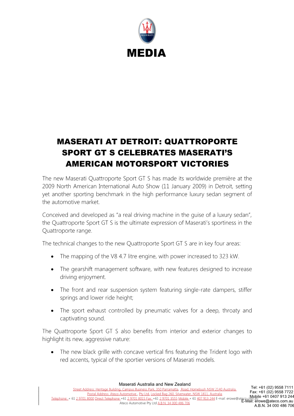 Maserati at Detroit: Quattroporte Sport Gt S Celebrates Maserati S American Motorsport