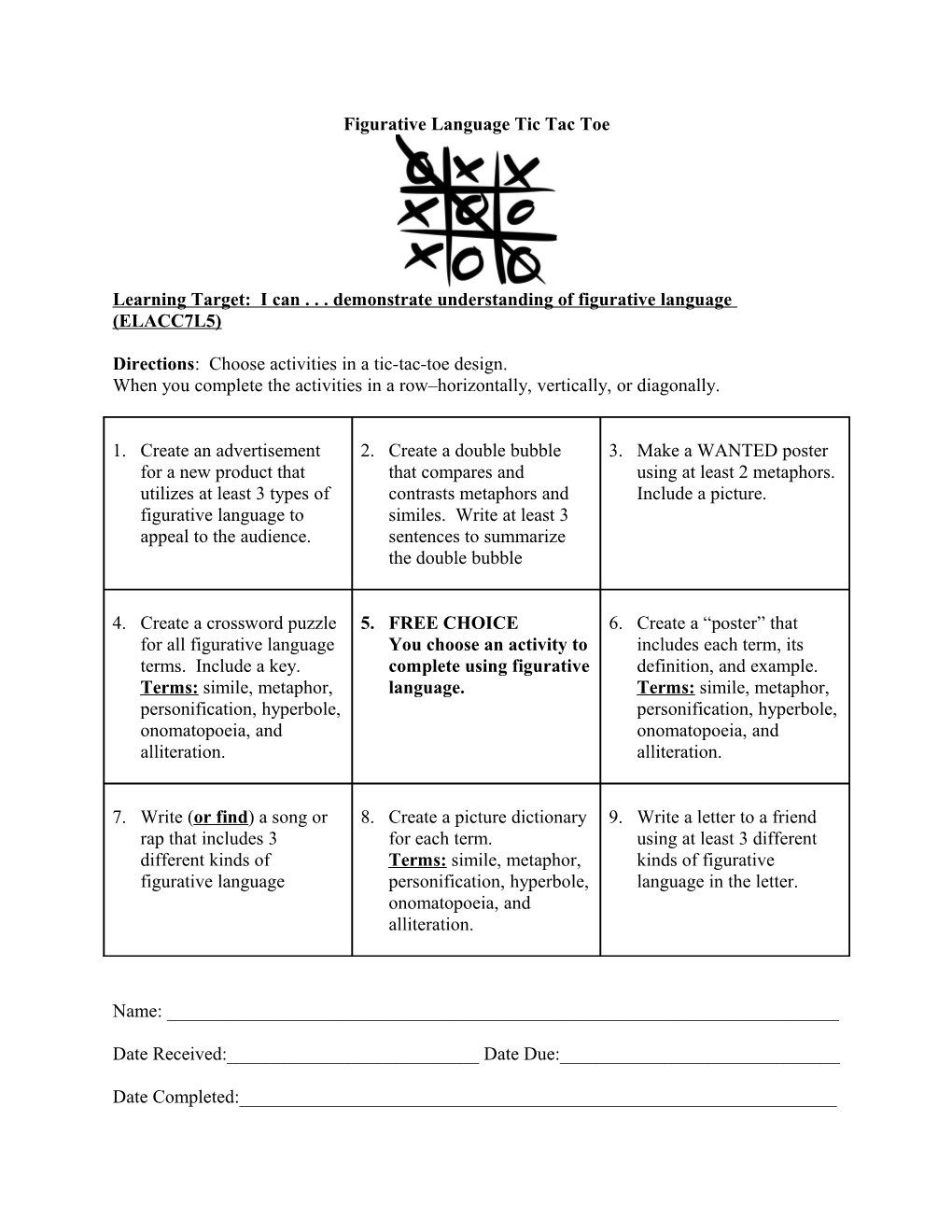 Figurative Language Tic Tac Toe