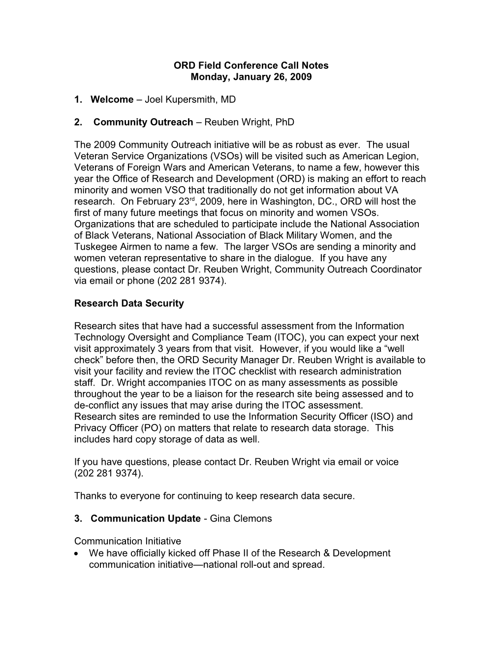 ORD Field Call Notes, January 26, 2009