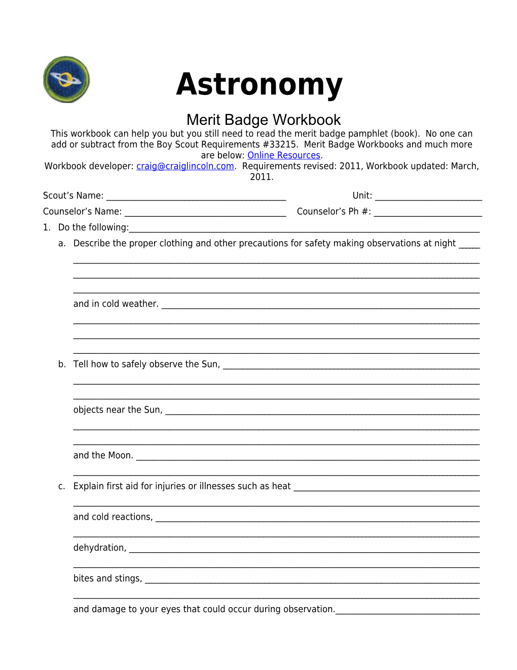 Astronomy P. 9 Merit Badge Workbook Scout's Name: ______