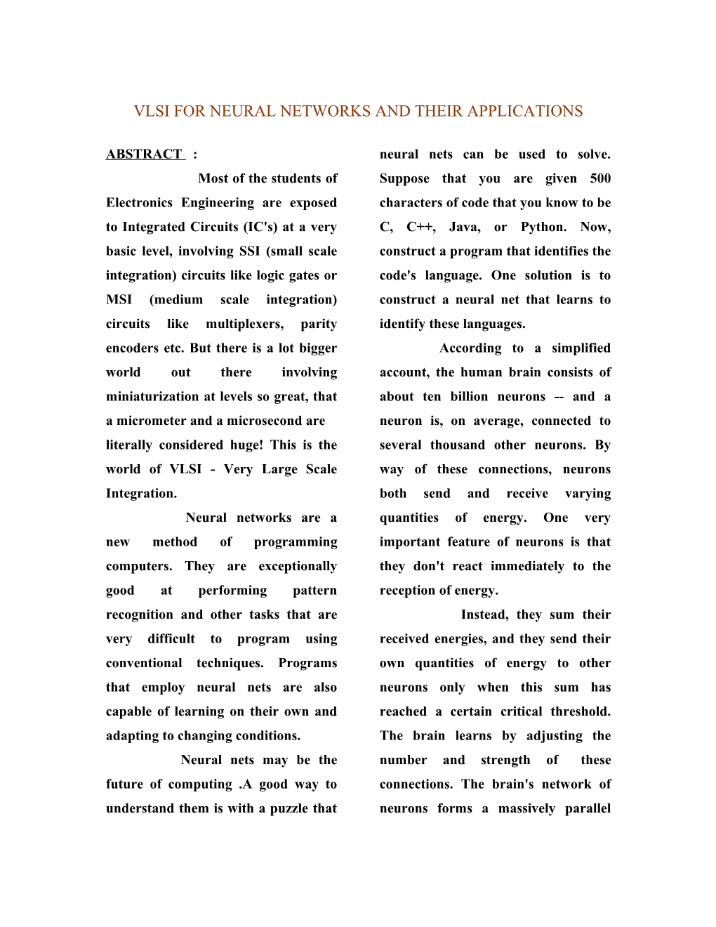 Vlsi for Neural Networks and Their Applications