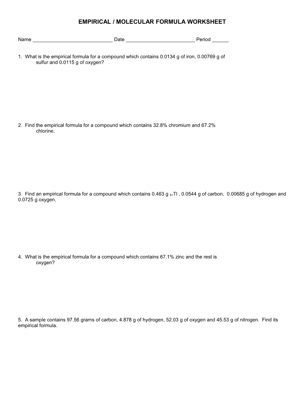 Empirical Formula Worksheet