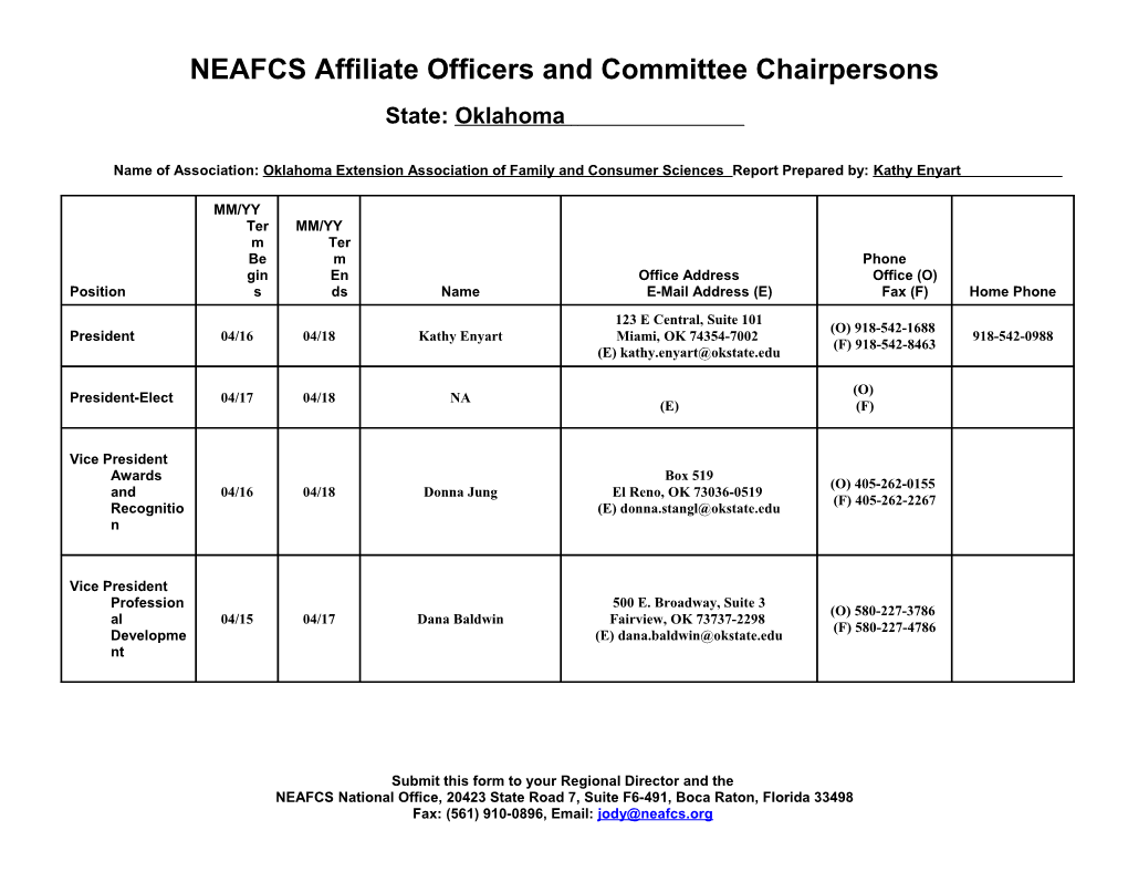 NEAFCS Affiliate Officers and Committee Chairpersons