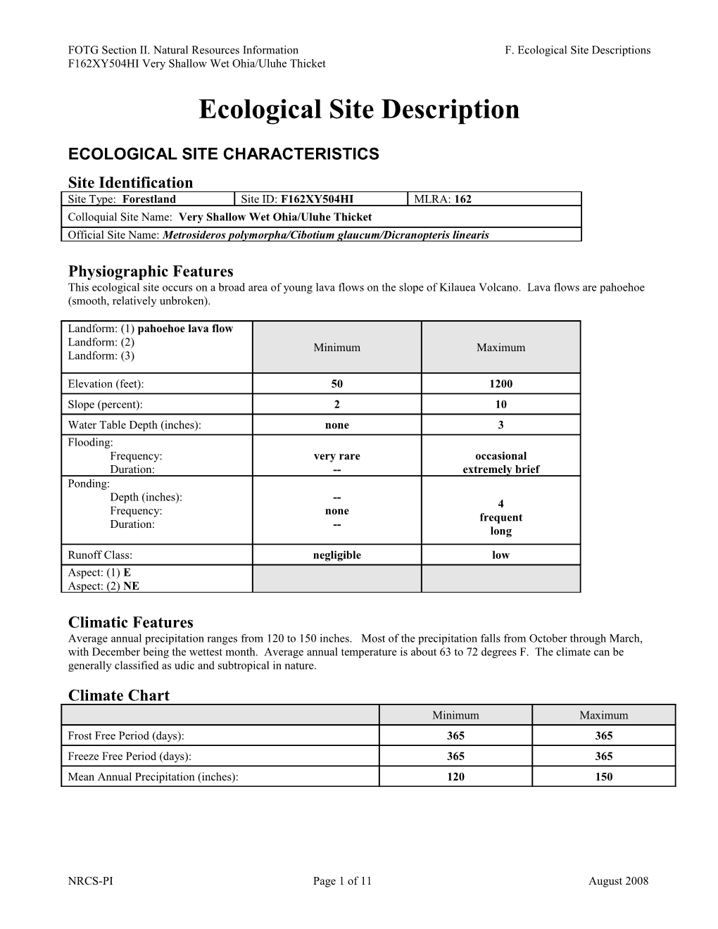 FOTG Section II. Natural Resources Information F. Ecological Site Descriptions