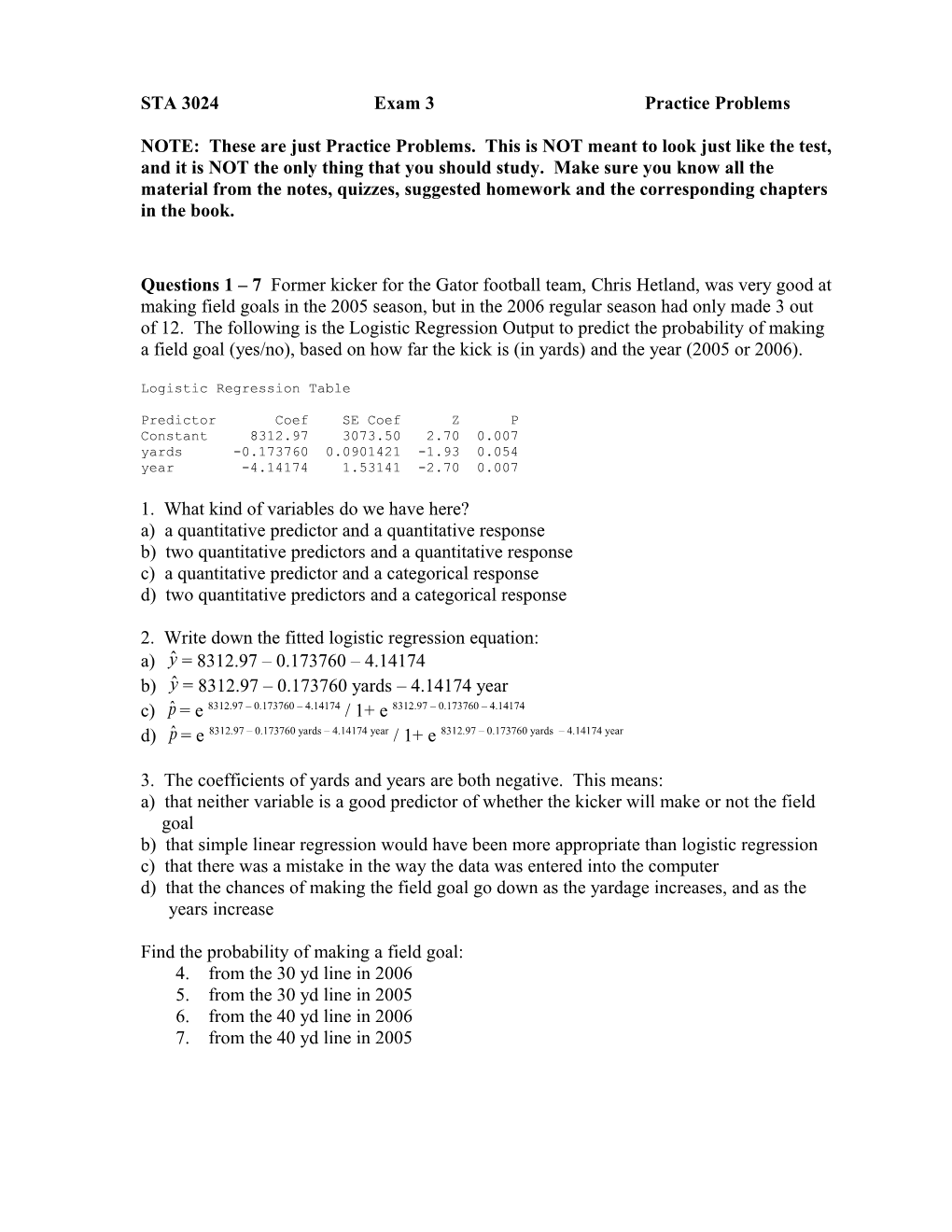 STA 3024 Exam 3 Practice Problems