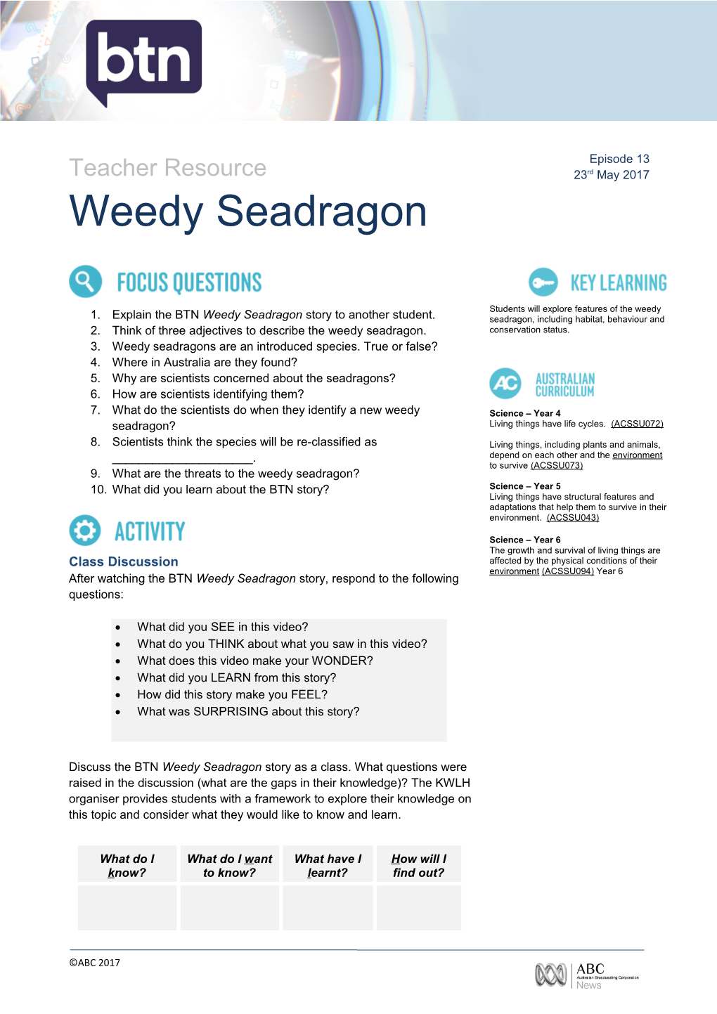 1. Explain the BTN Weedy Seadragon Story to Another Student