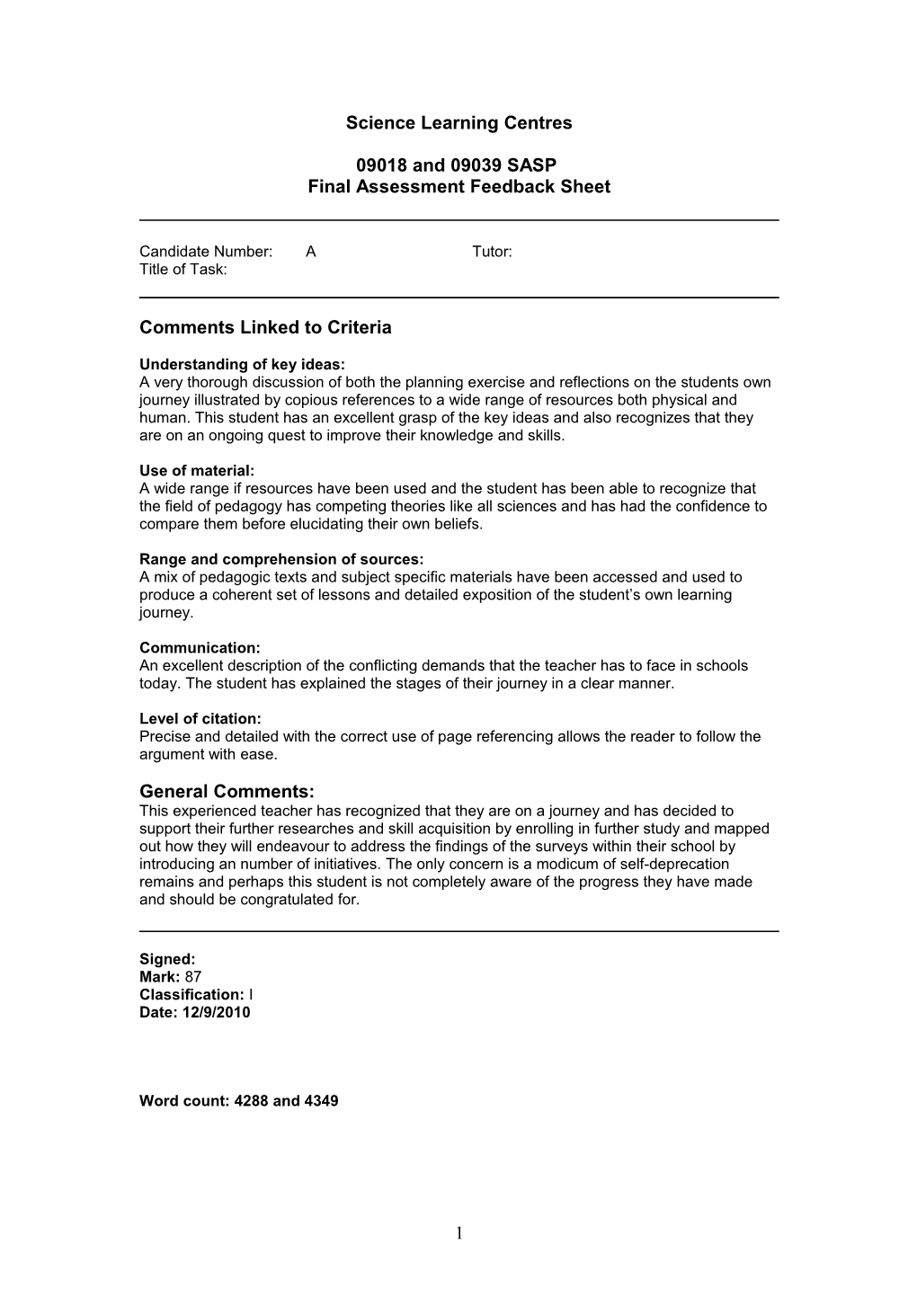 Final Assessment Feedback Sheet