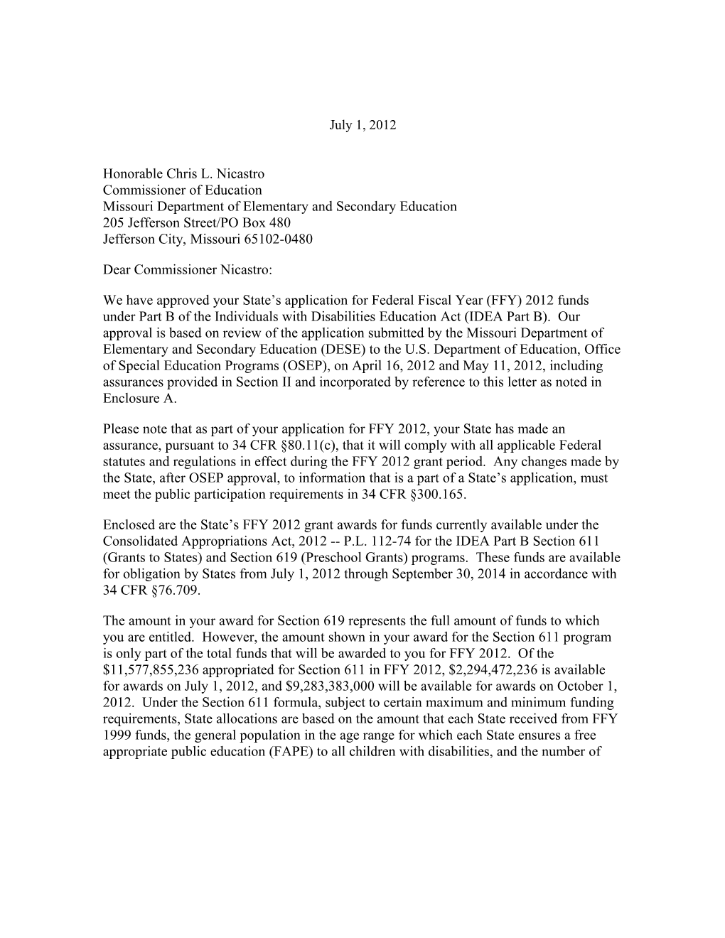 Missouri IDEA 2011 Part B Grant Award Letter (MS WORD)