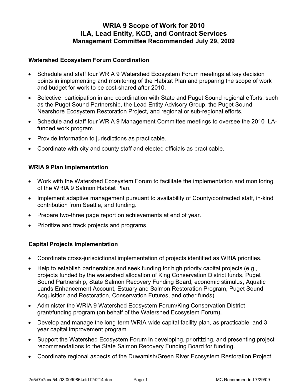 Memorandum of Understanding Between Wria 8 Forum and King County Department of Natual Resources