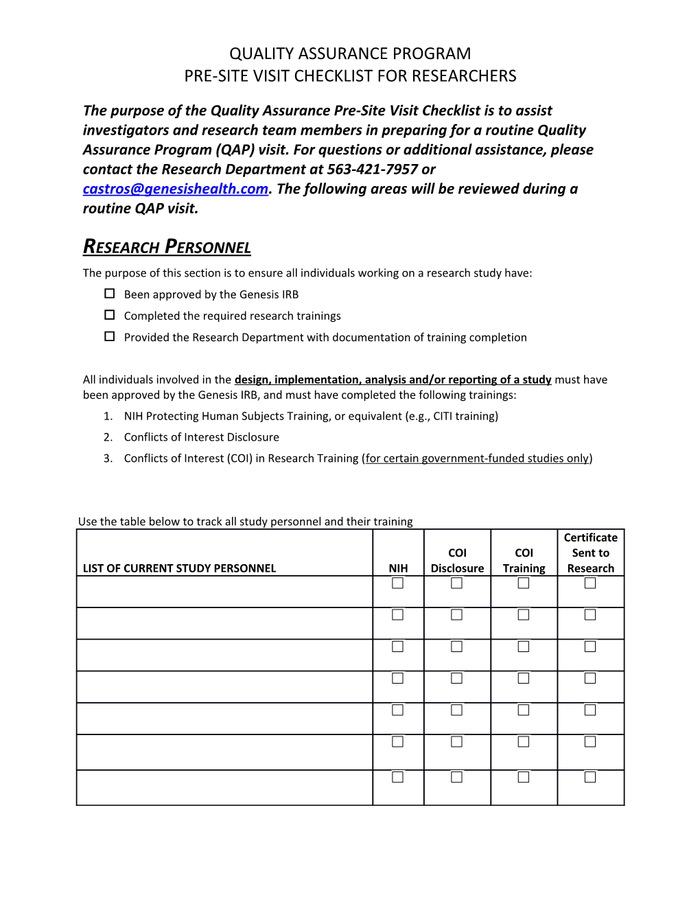 Pre-Site Visit Checklist for Researchers