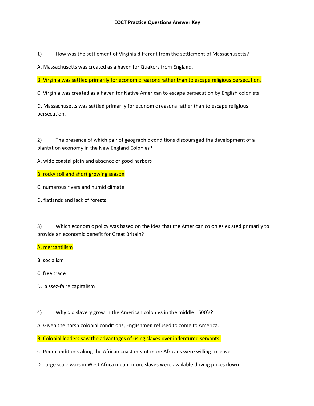 EOCT Practice Questions Answer Key