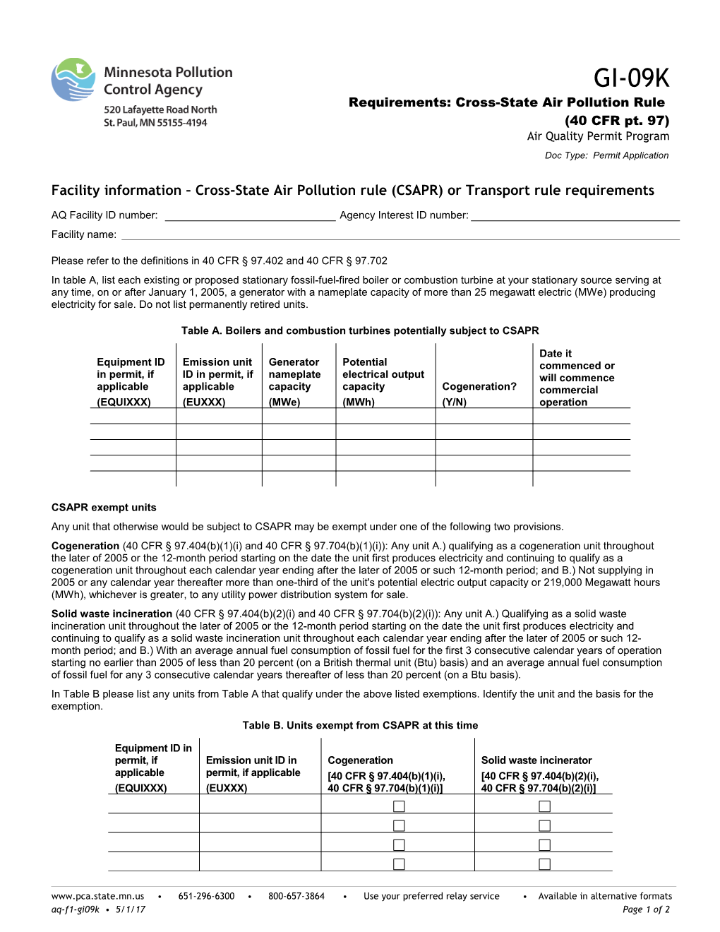 GI-09K Requirements: CSAPR for Source Categories - Air Quality Permit Program - Form