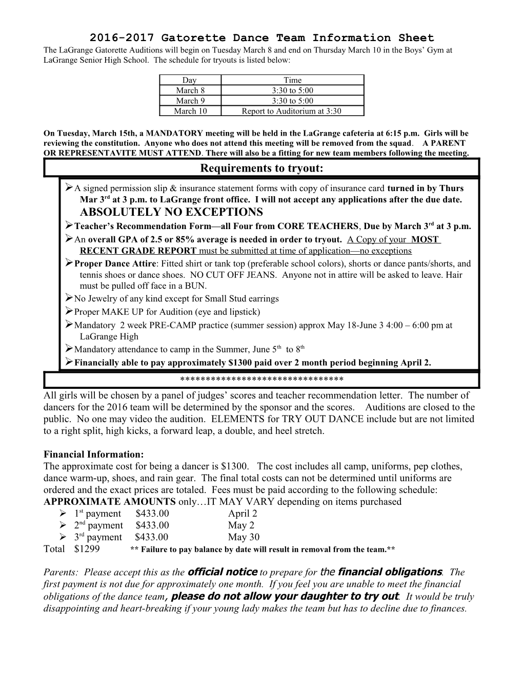 2007-08 Gatorette Dance Team Information Sheet