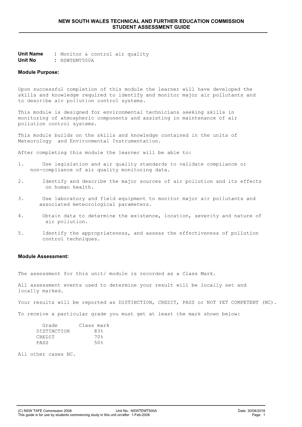 New South Wales Technical and Further Education Commission Student Assessment Guide