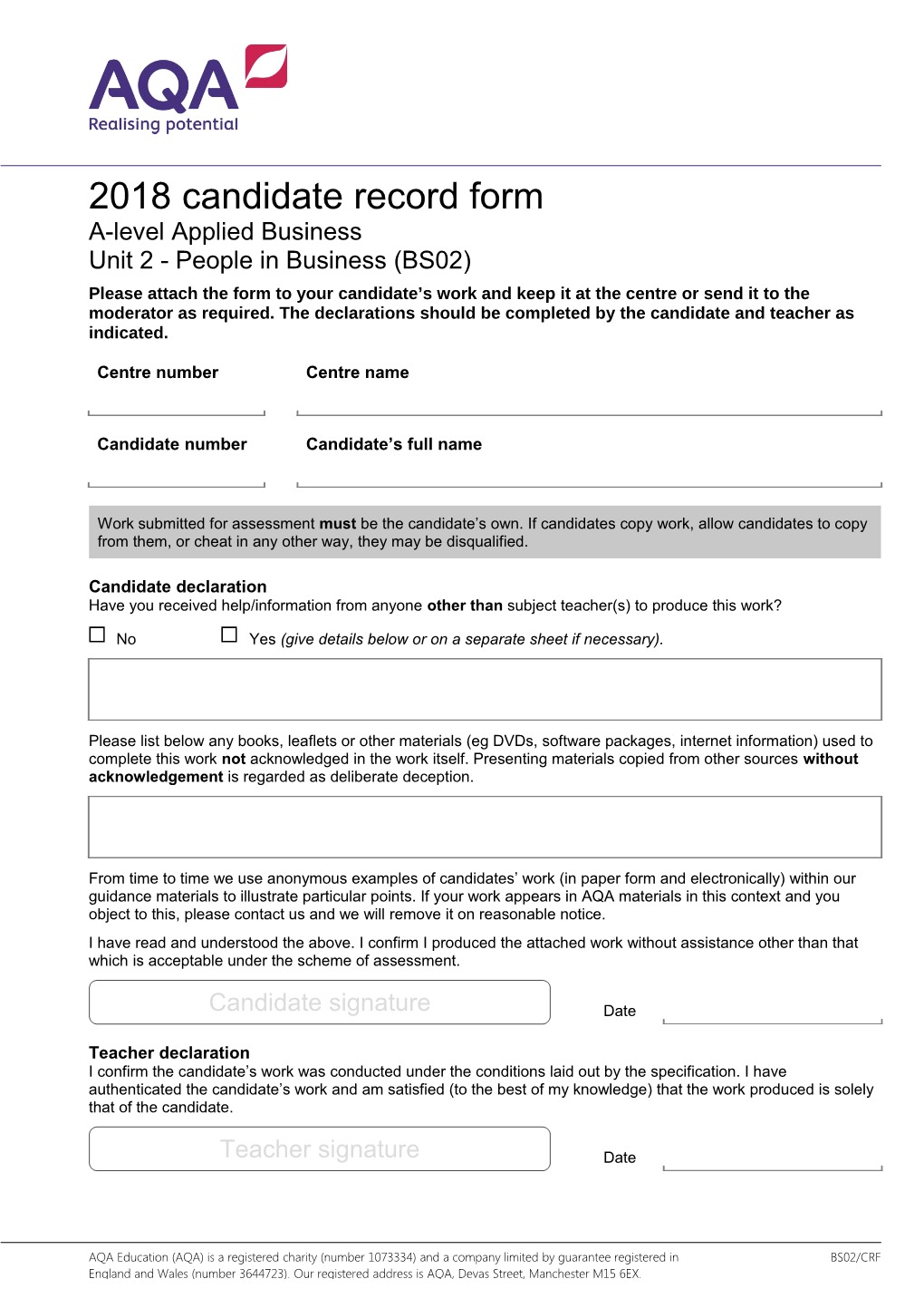 2018 Candidate Record Form