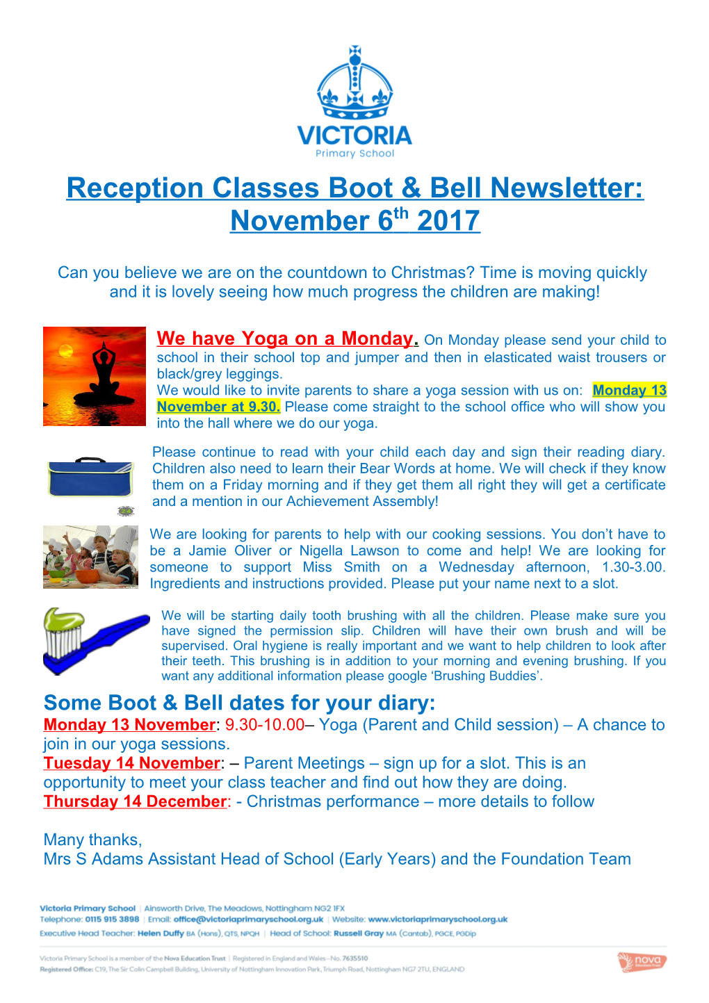 Reception Classes Boot & Bell Newsletter: November 6Th2017