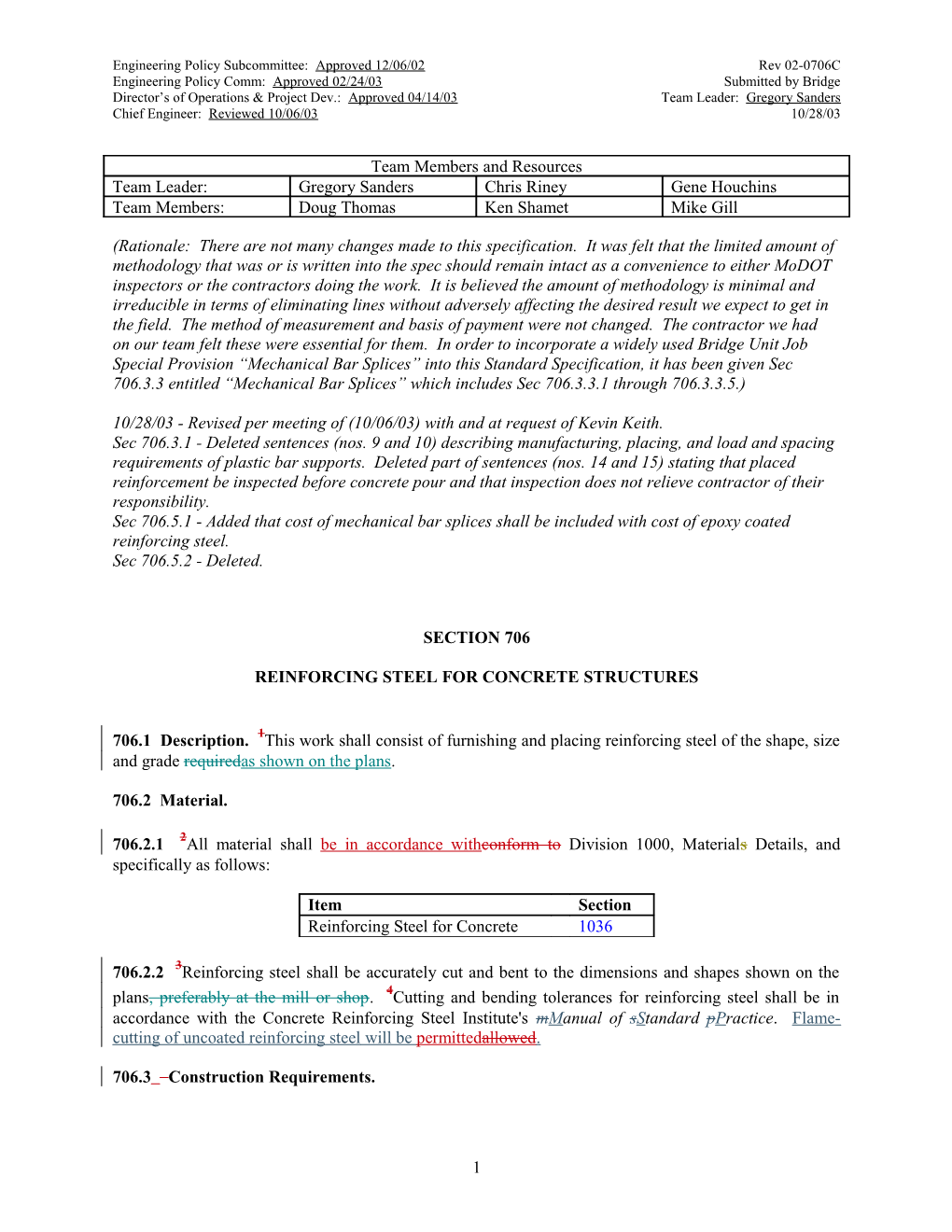 10/28/03 - Revised Per Meeting of (10/06/03) with and at Request of Kevin Keith