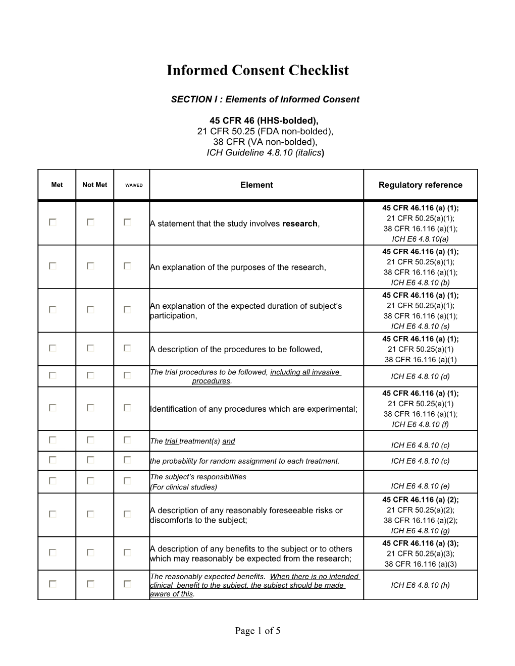 SECTION I : Elements of Informed Consent