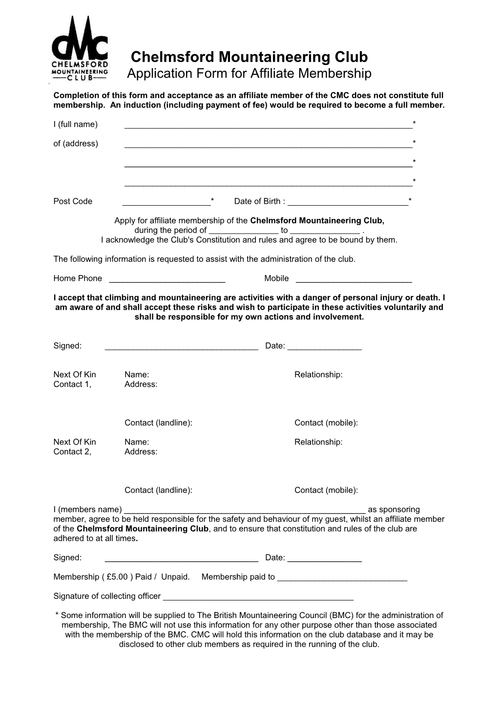 Application Form for Affiliate Membership