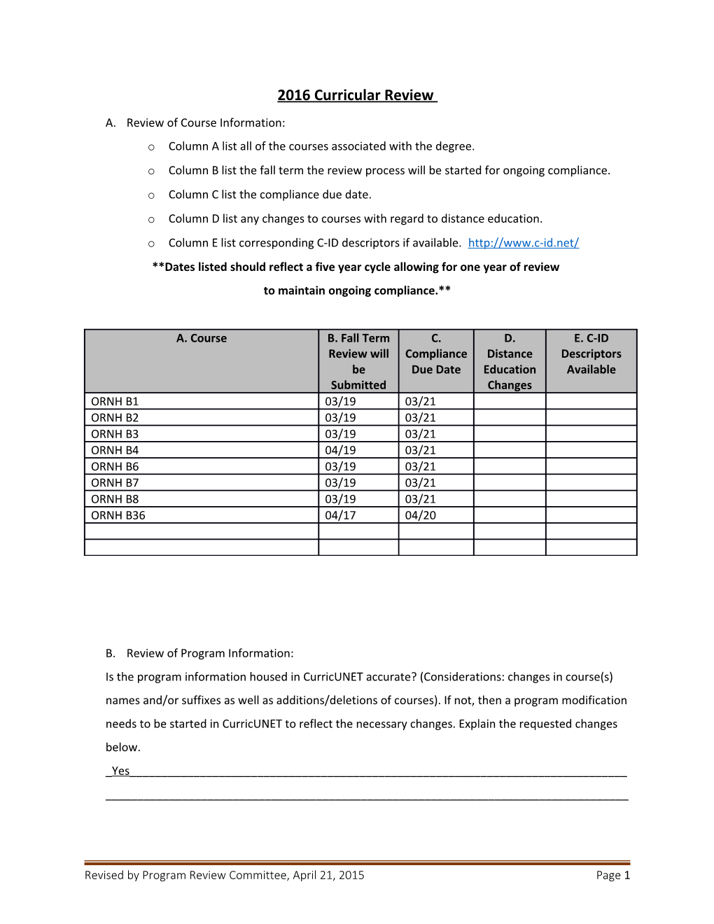 Column a List All of the Courses Associated with the Degree