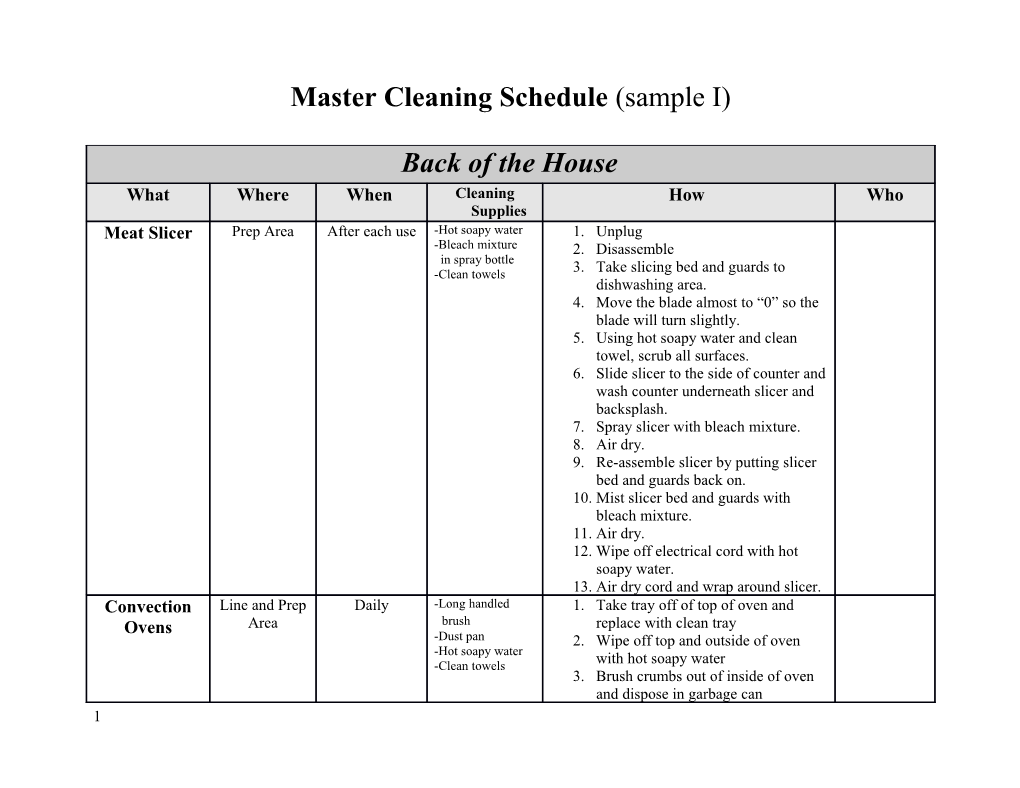 Master Cleaning Schedule