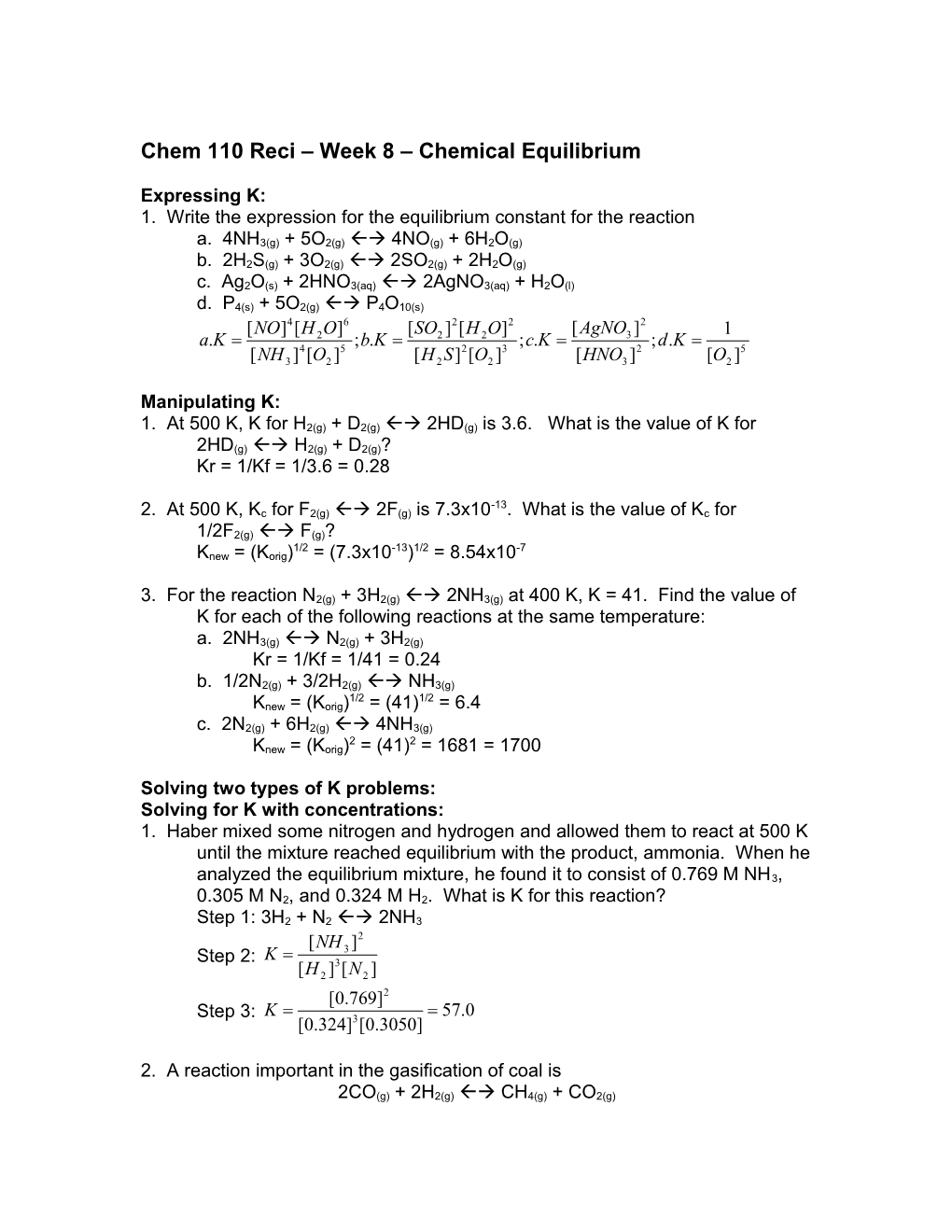 Chem 110 Reci Week 8 Chemical Equilibrium