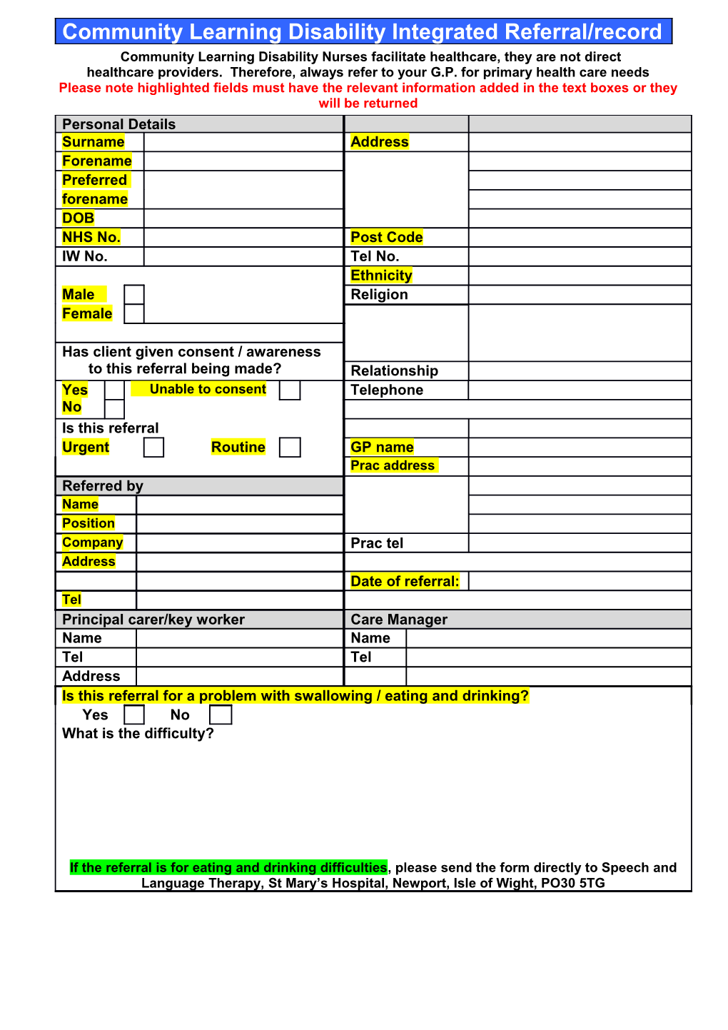 Community Learning Disability Integrated Referral/Record