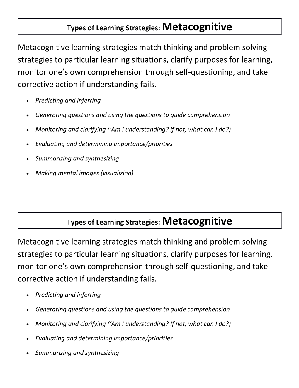 Types of Learning Strategies: Metacognitive