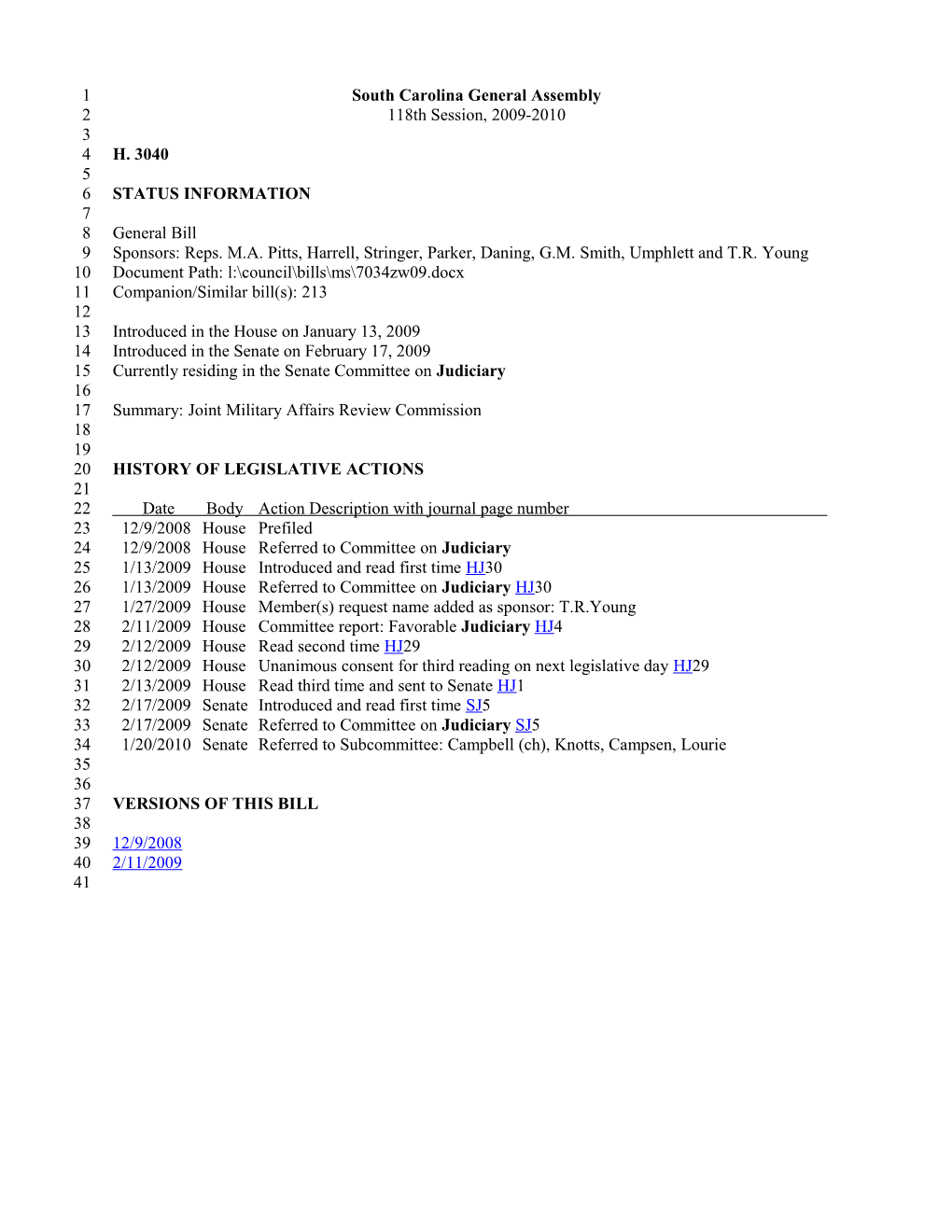2009-2010 Bill 3040: Joint Military Affairs Review Commission - South Carolina Legislature