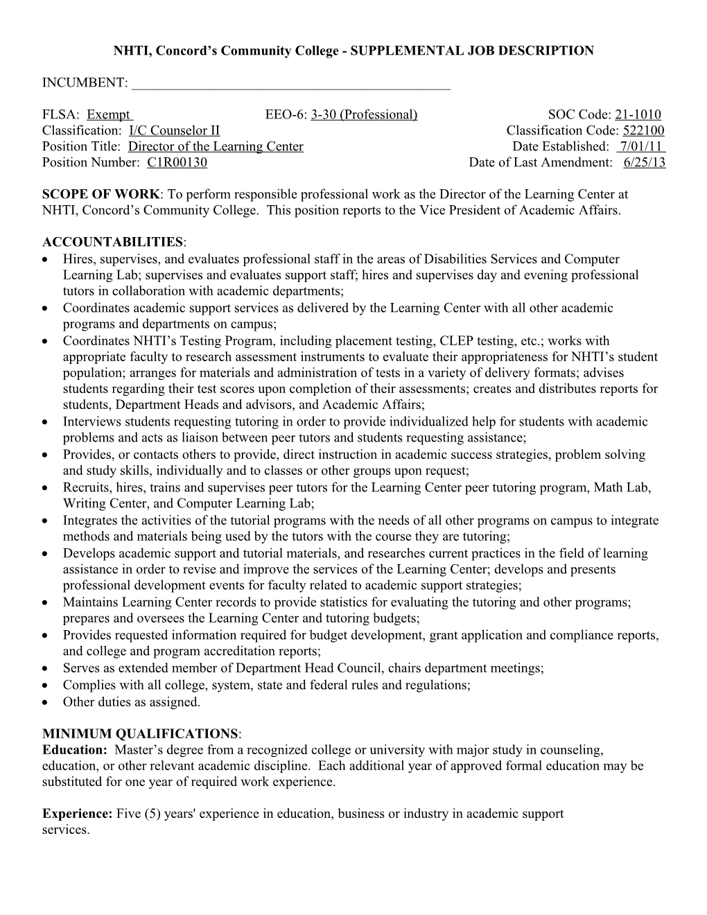 New Hampshire Technical Institute -Supplemental Job Description