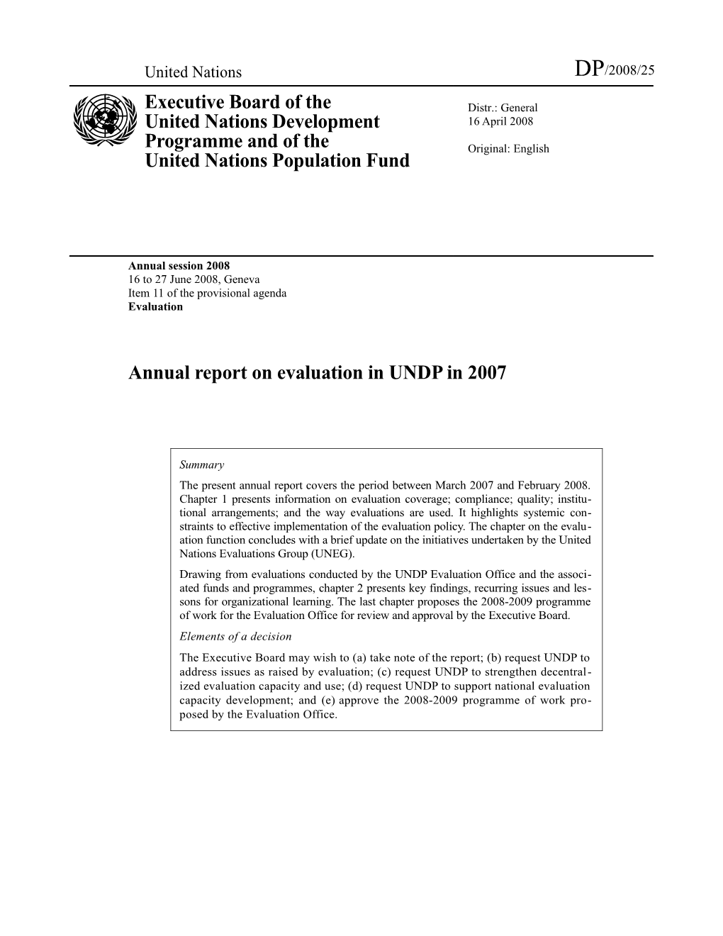 Annual Report on Evaluation in UNDP in 2007