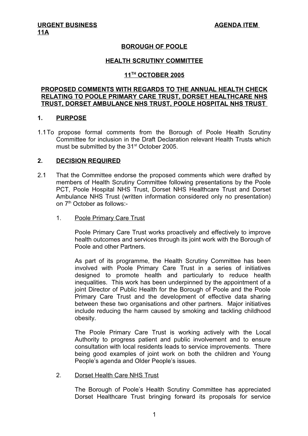 Proposed Comments with Regards to the Annual Health Check Relating to Poole Primary Care