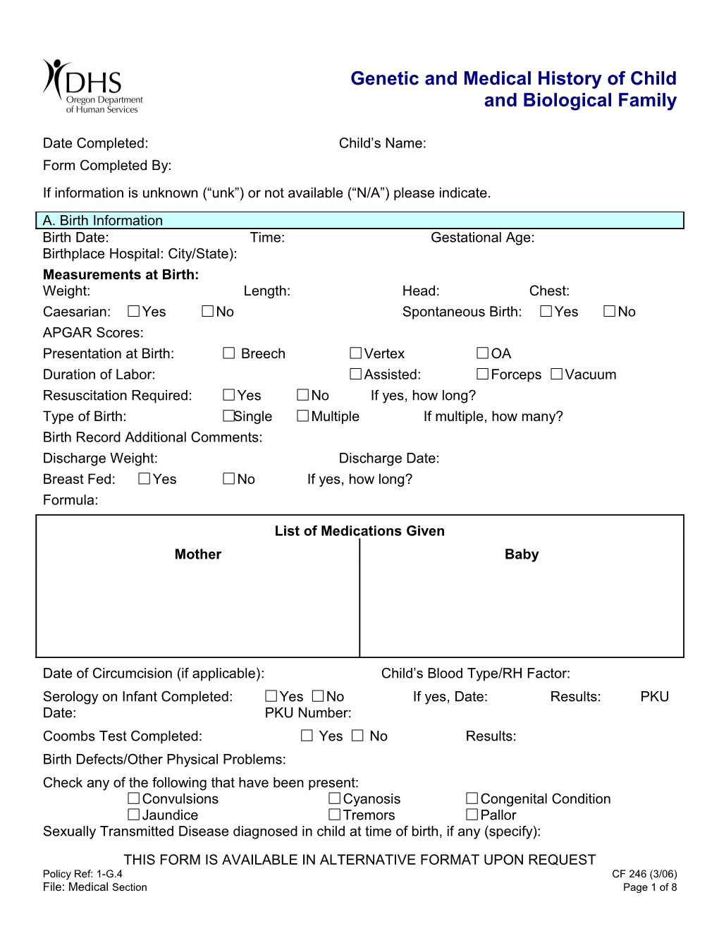 Genetic and Medical History of Child and Biological Family CF 0246