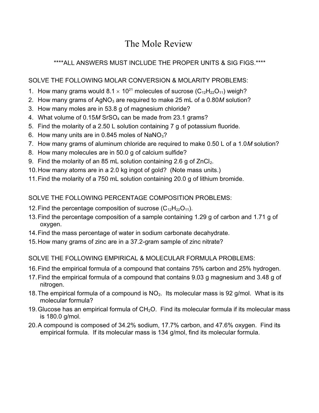 Chemistry Test Review Sheet Chapters 10 & 11