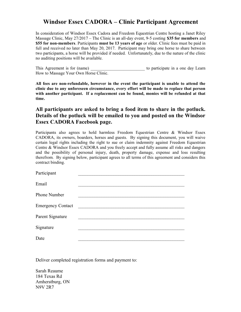 Tom Dvorak Clinic Rider Agreement