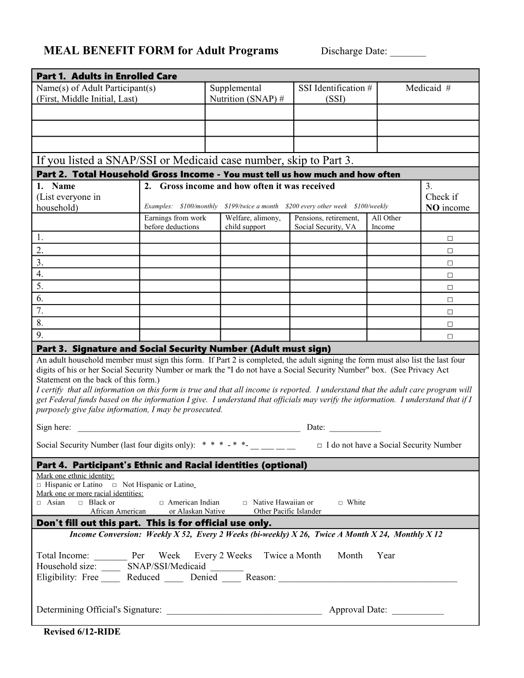 MEAL BENEFIT FORM for Adult Programs Discharge Date: ______