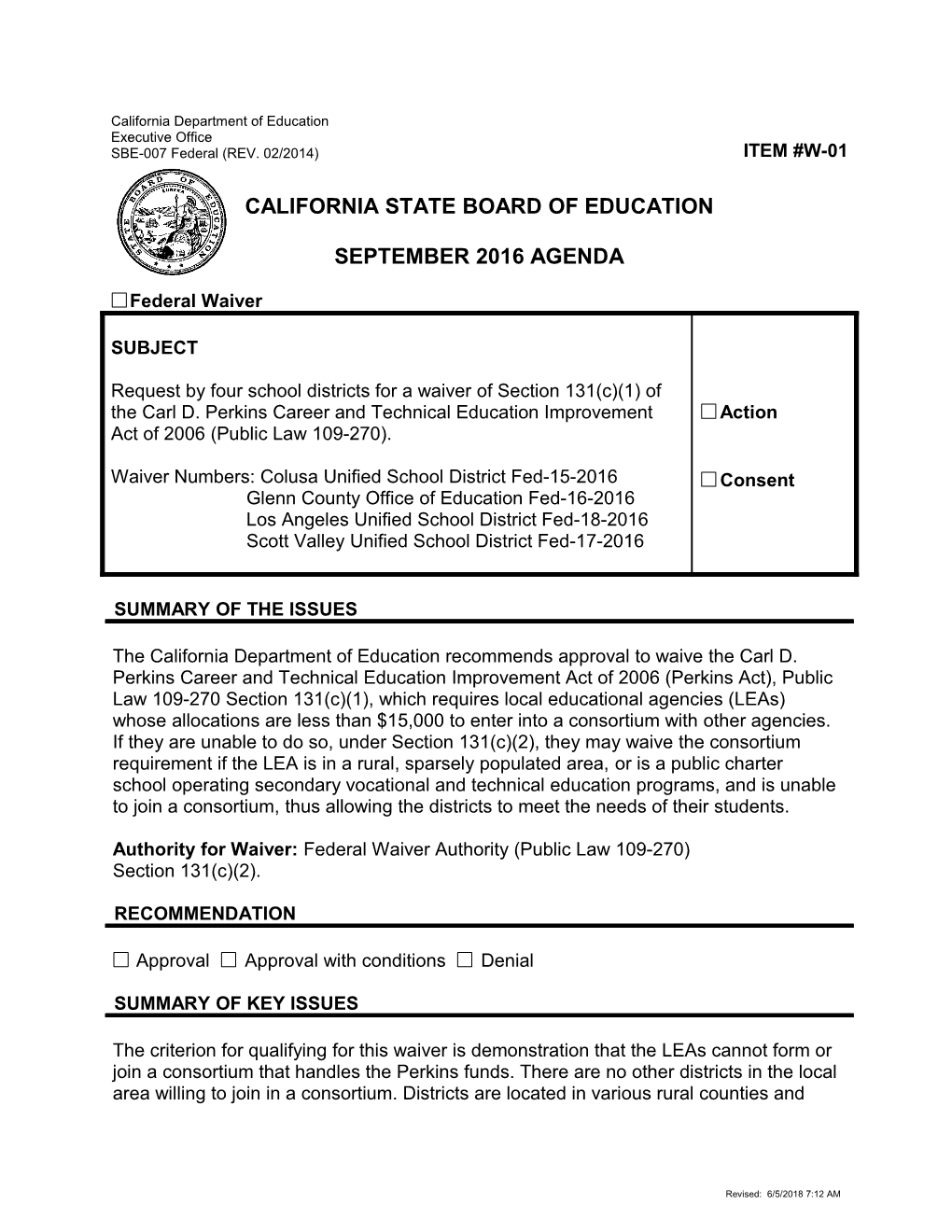 September 2016 Waiver Item W-01 - Meeting Agendas (CA State Board of Education)