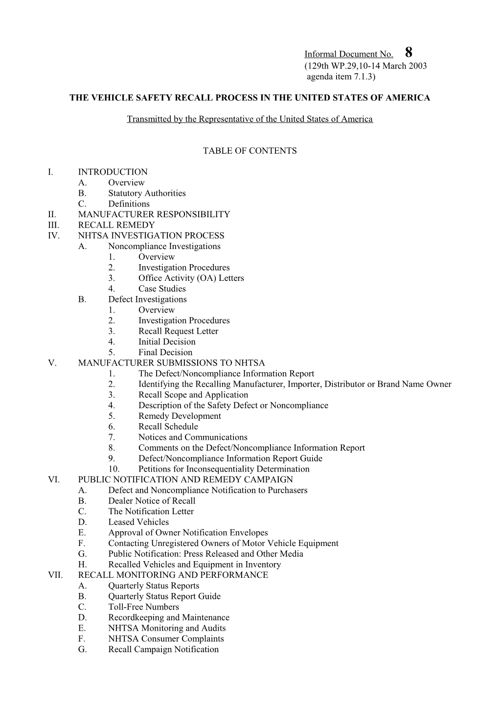 The Vehicle Safety Recall Process in the United States of America