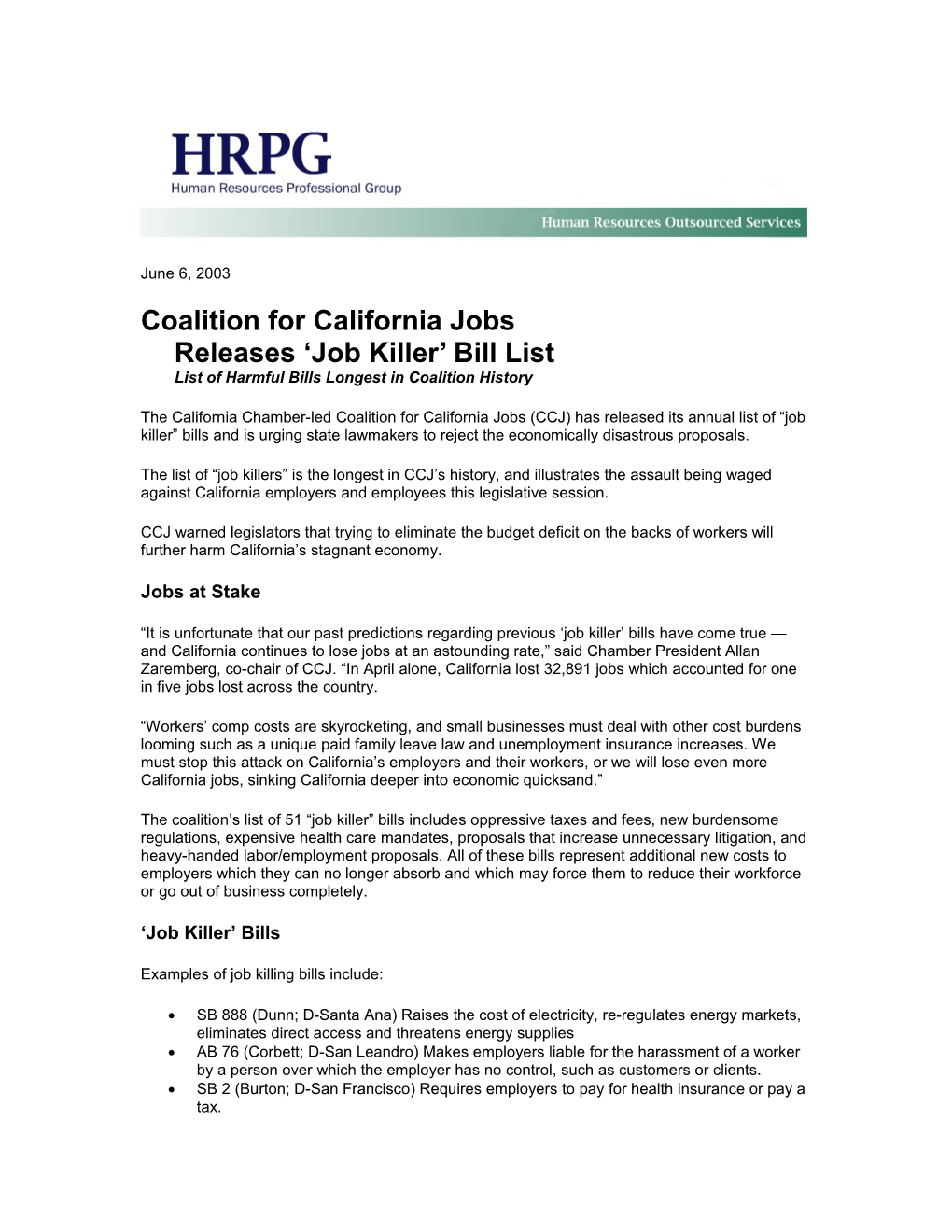 Coalition for California Jobs Releases Job Killer Bill Listlist of Harmful Bills Longest