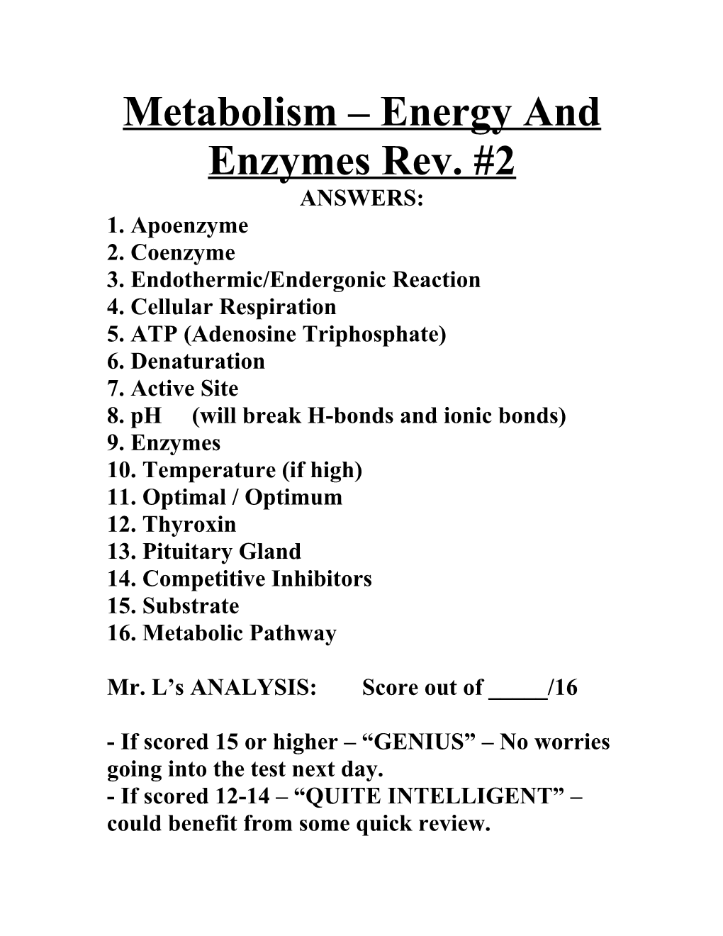 Metabolism Energy and Enzymes Rev