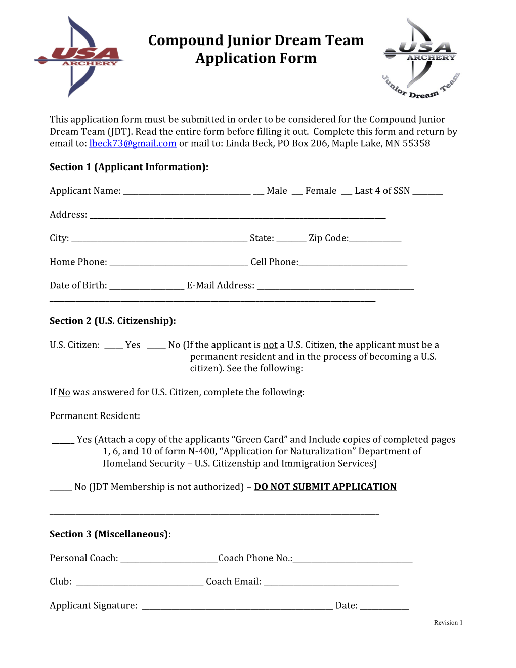 Junior Dream Team Membership Application