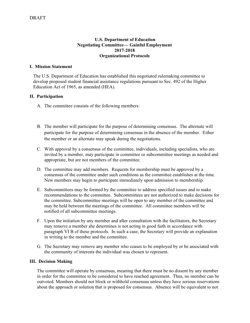 Negotiated Rulemaking for Higher Education 2016 - Borrower Defenses, Organizational Protocols