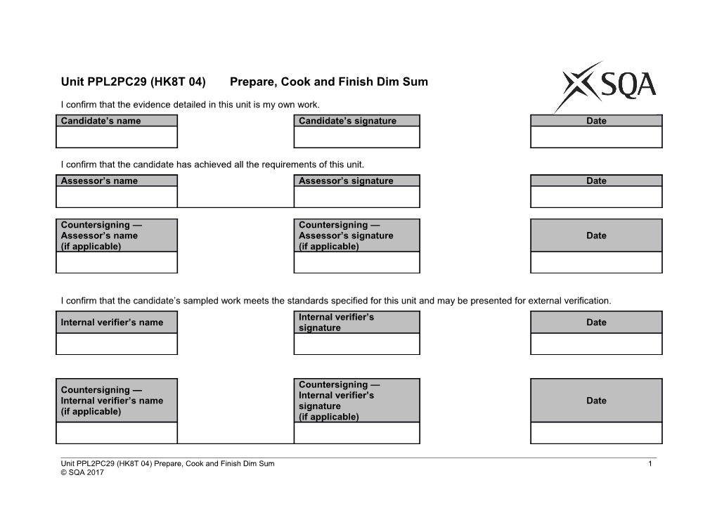 Unit PPL2PC29 (HK8T 04)Prepare, Cook and Finish Dim Sum