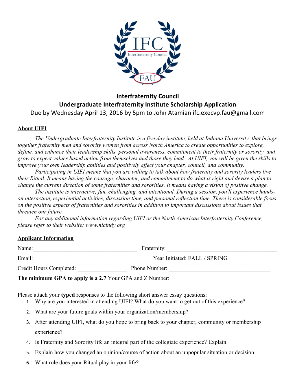 Undergraduate Interfraternity Institute Scholarship Application