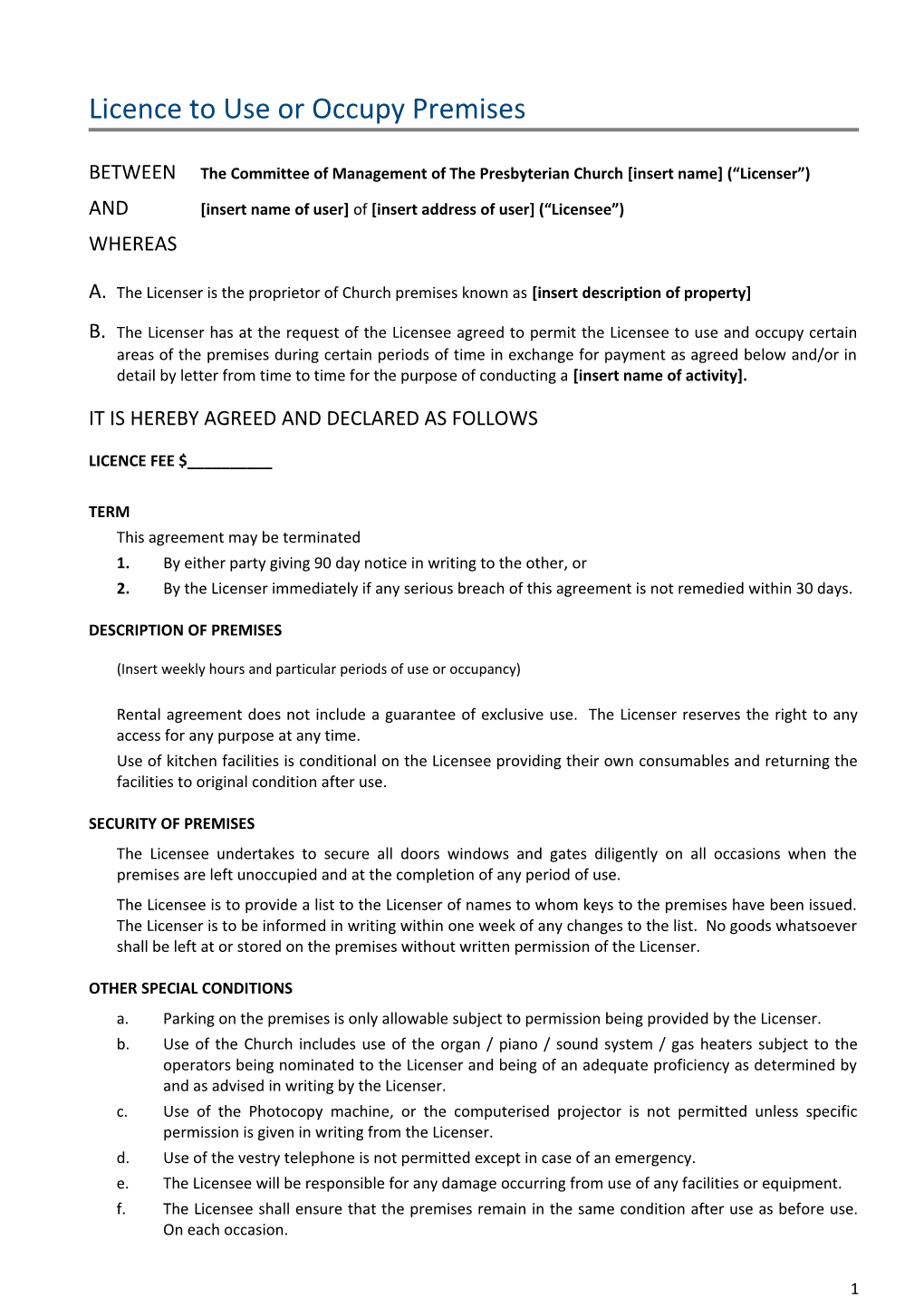 Licence to Use Or Occupy Premises