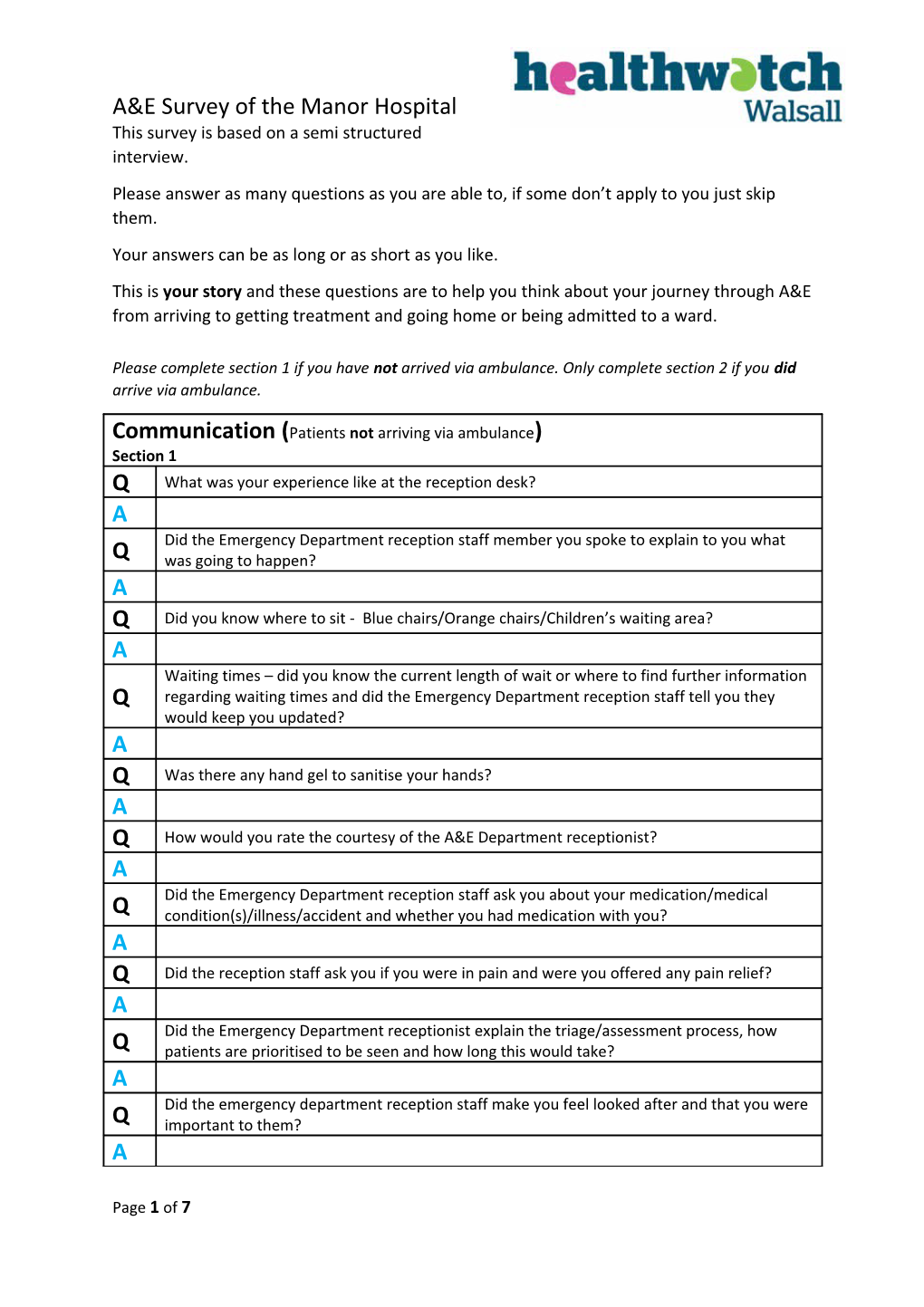 A&E Survey of the Manor Hospital