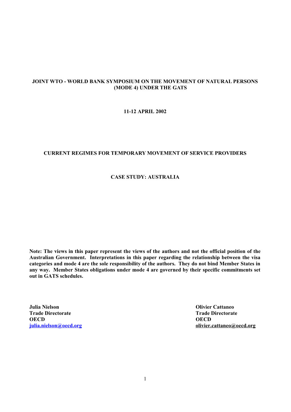 Joint Wto - World Bank Symposium on the Movement of Natural Persons (Mode 4) Under the Gats