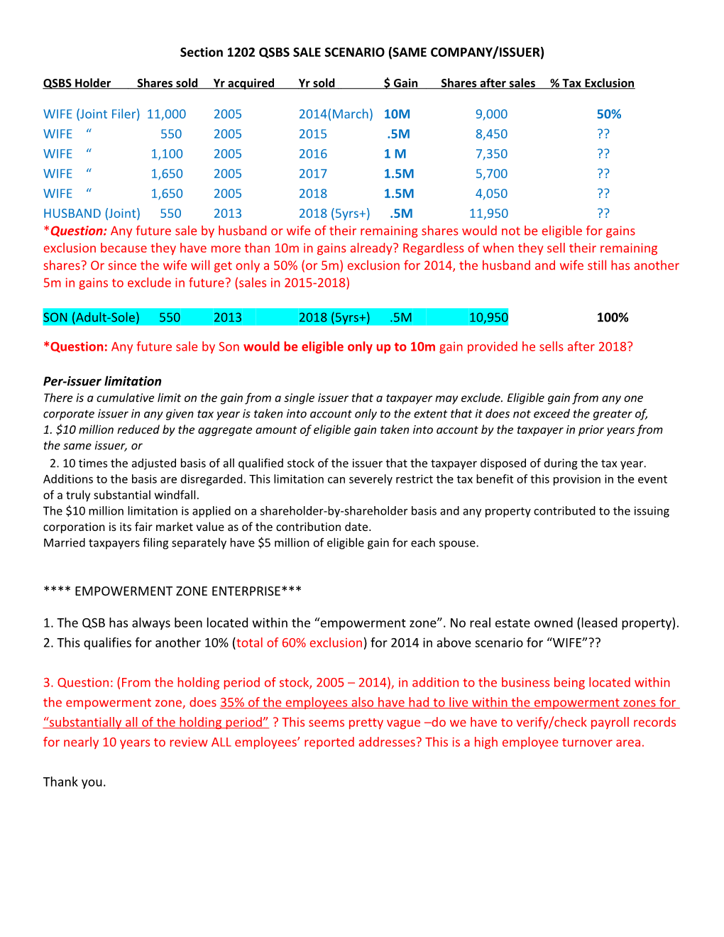 Section 1202 QSBS SALE SCENARIO (SAME COMPANY/ISSUER)