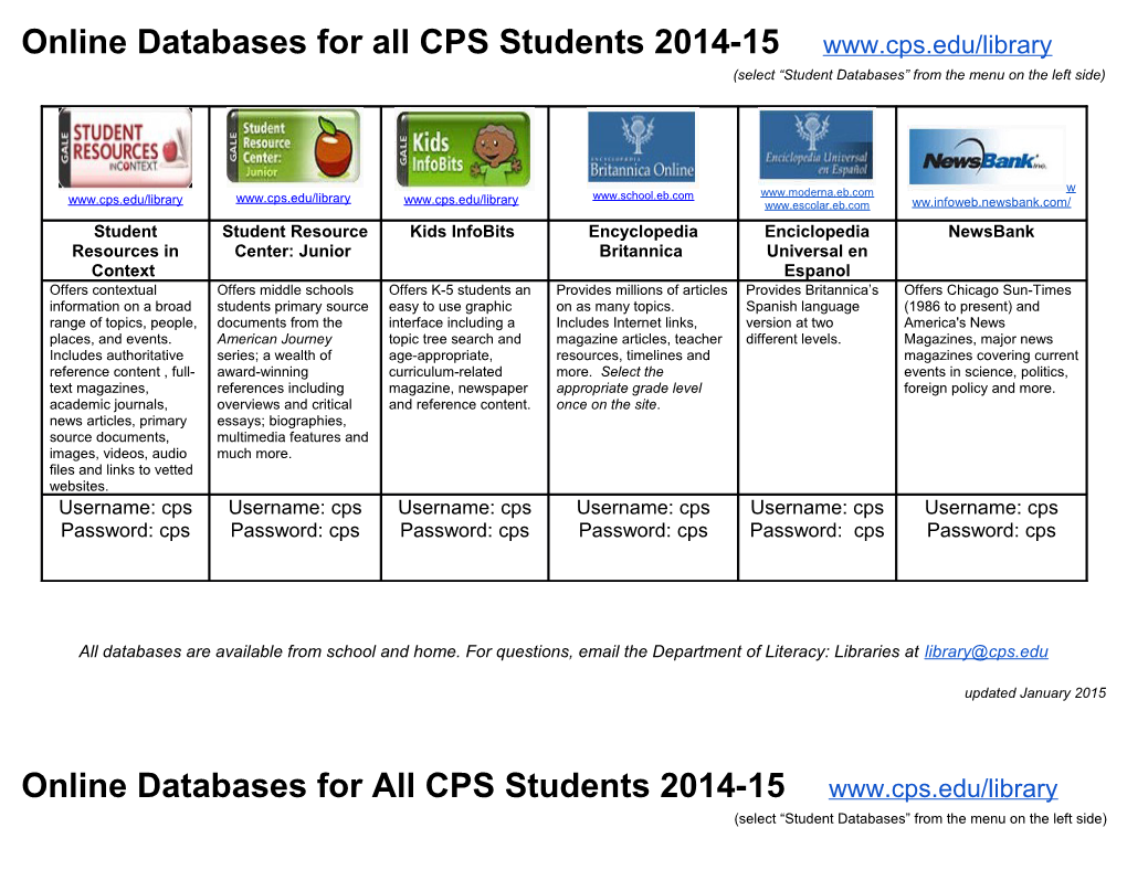 Online Databases for All CPS Students 2014-15