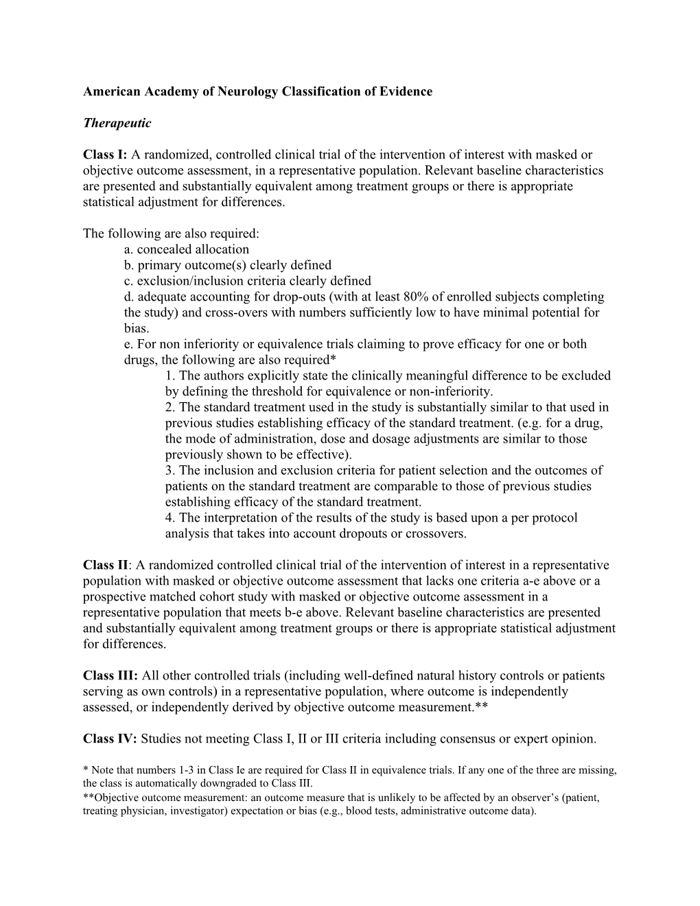 American Academy of Neurology Classification of Evidence